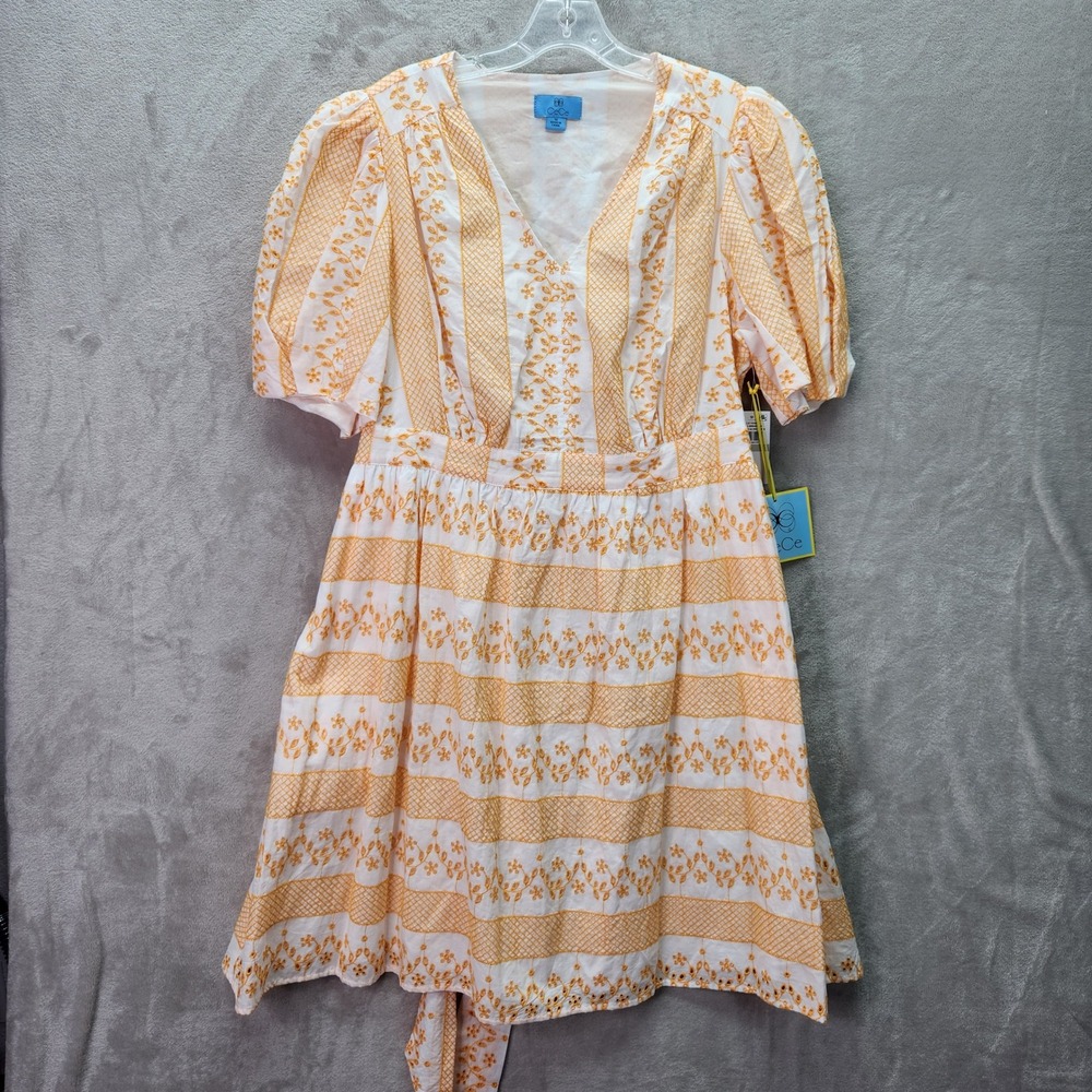 CeCe Dress Womens 1X White Orange Embroidered Puff Sleeve Tie Waist Beach Summer